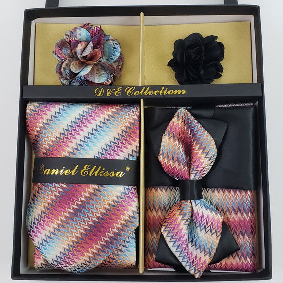 6 Piece Pink Blue Chevron Necktie & Bow Tie Set